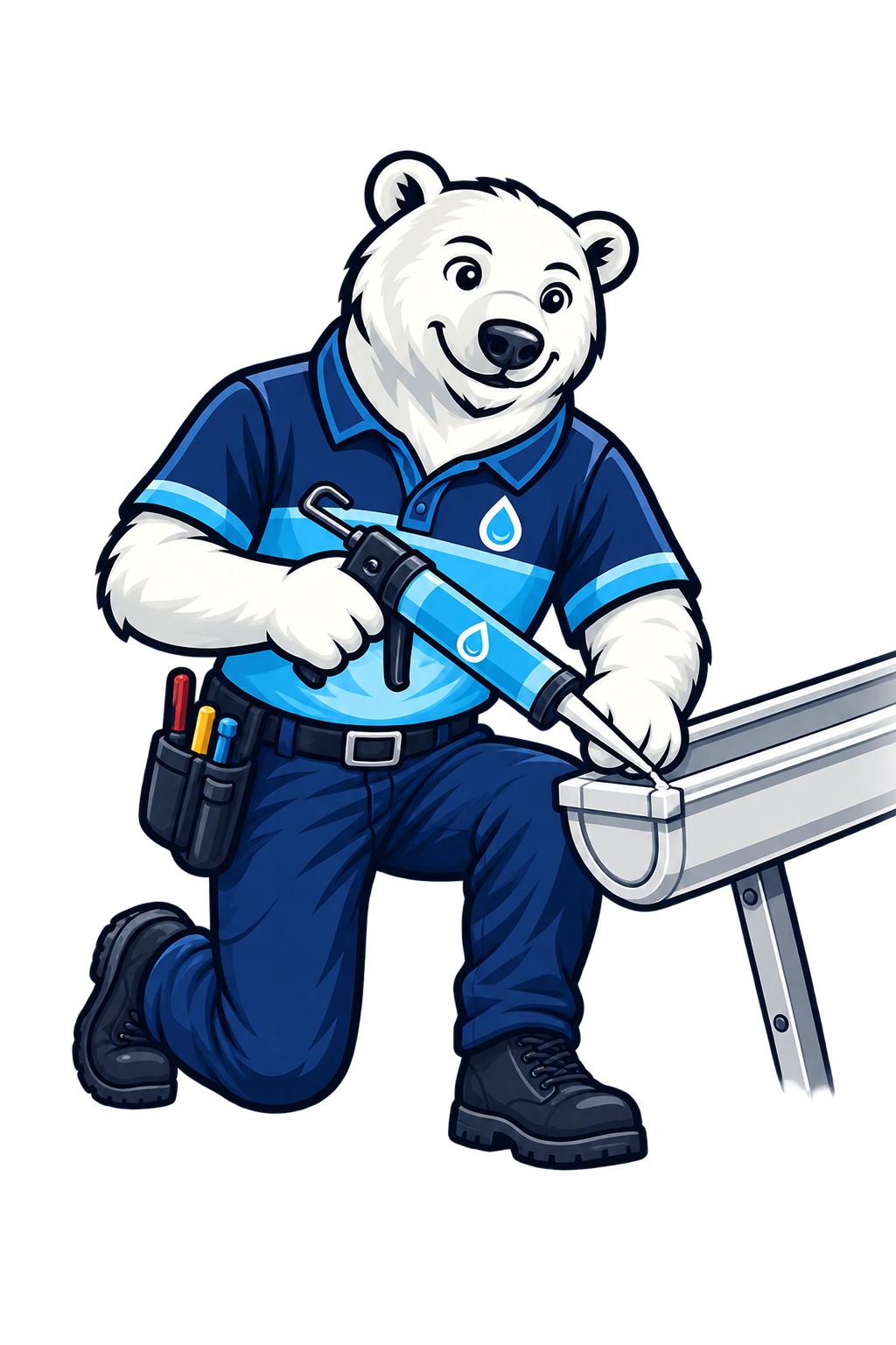 Mascot sealing a gutter seam with a caulking gun