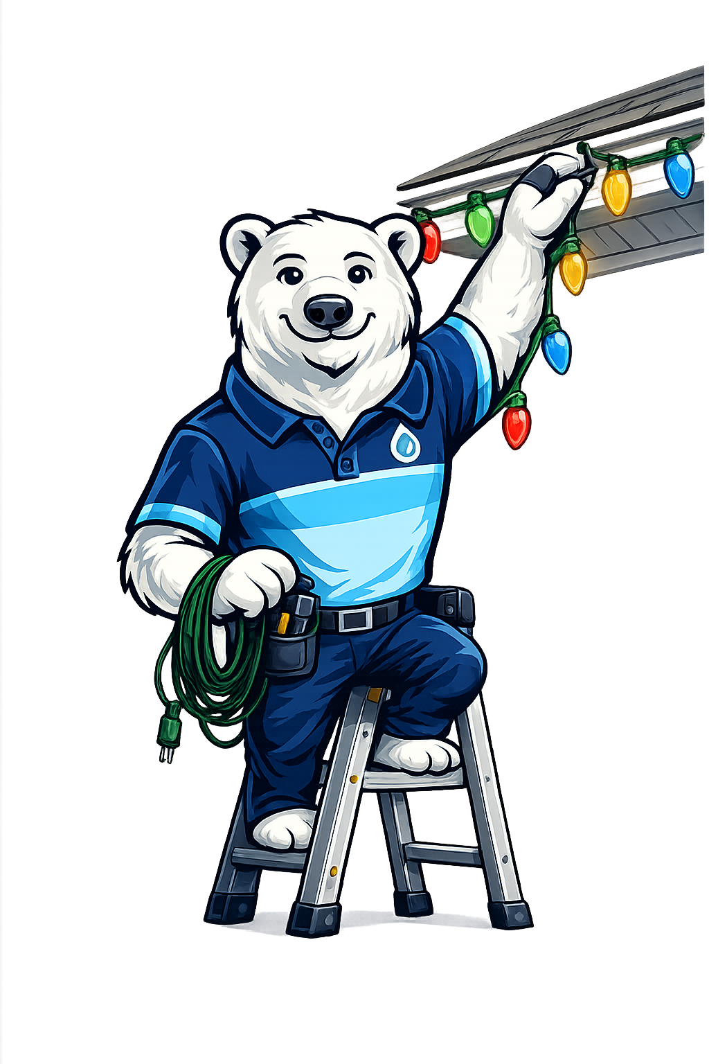 Mascot installing holiday lights on a roofline